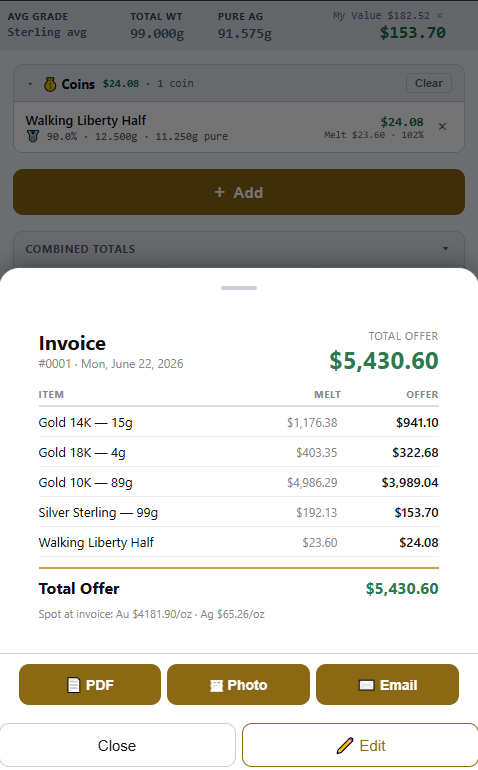 MetalsCalc invoice view showing finalized offer of $5,430.60 with PDF, Photo, and Email export buttons